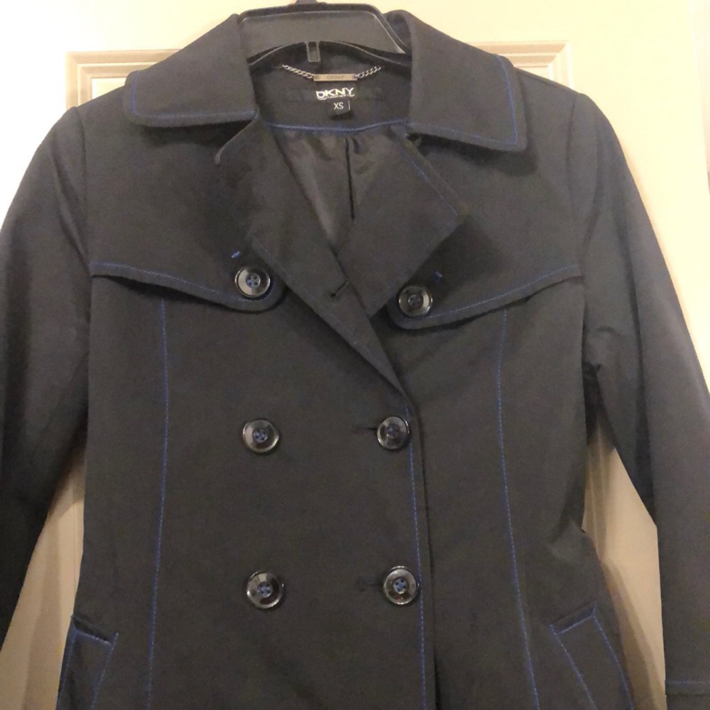 🆕 DKNY WOMEN’S DOUBLE BREASTED PEACOAT - BLACK WITH BRIGHT BLUE STITCHING XS